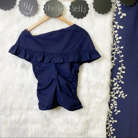 SEA Livia Navy Ruched Ruffle‎ Off Shoulder Blouse Sz 2 - Picture 4 of 8